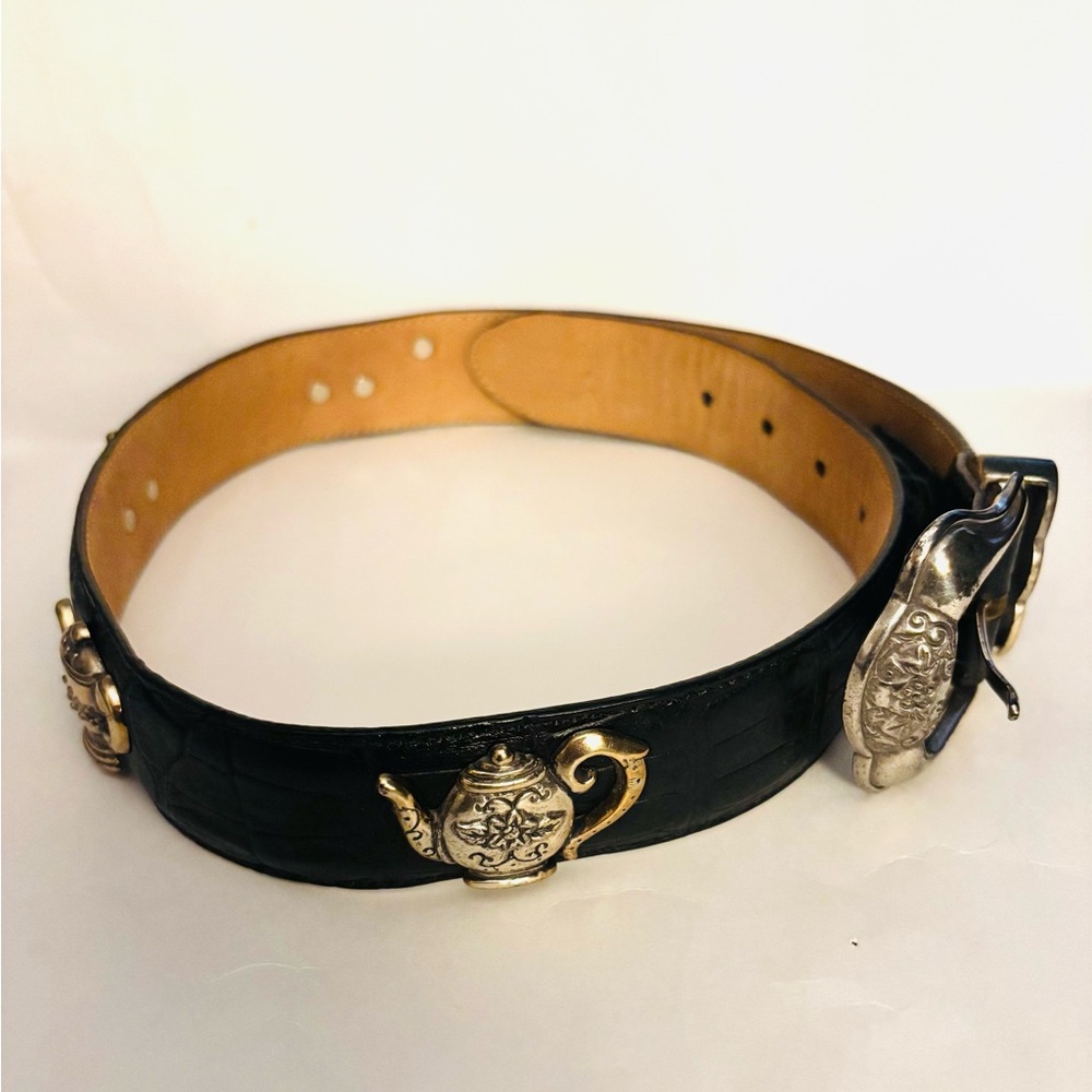 Vintage Brighton Elegant Black Leather Belt with Silver Buckle 31" Sz S